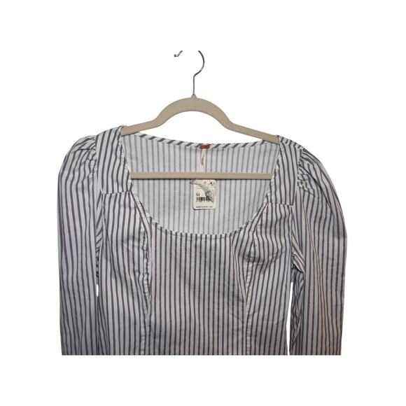 Free People Caroline Stripe Top Neutral Puff Sleeve Blouse Boat Neck Sz M NEW - Picture 3 of 9